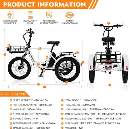 Electric Trike, 7 Speeds Electric Tricycle for Adult, 350W 36V 3 Wheel Electric Bikes, Motorized Tricycle Adult Electric Three Wheels Bicycle for