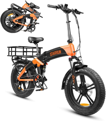 STARRUN S20 Folding Electric Bike Full Suspension 750W (Peak 1200W) 52V 15Ah Removable Battery 28MPH Color Display 7 Speed 20" X 4.0 Fat Tire Ebikes
