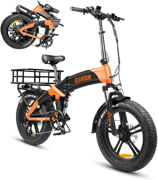 STARRUN S20 Folding Electric Bike Full Suspension 750W (Peak 1200W) 52V 15Ah Removable Battery 28MPH Color Display 7 Speed 20" X 4.0 Fat Tire Ebikes
