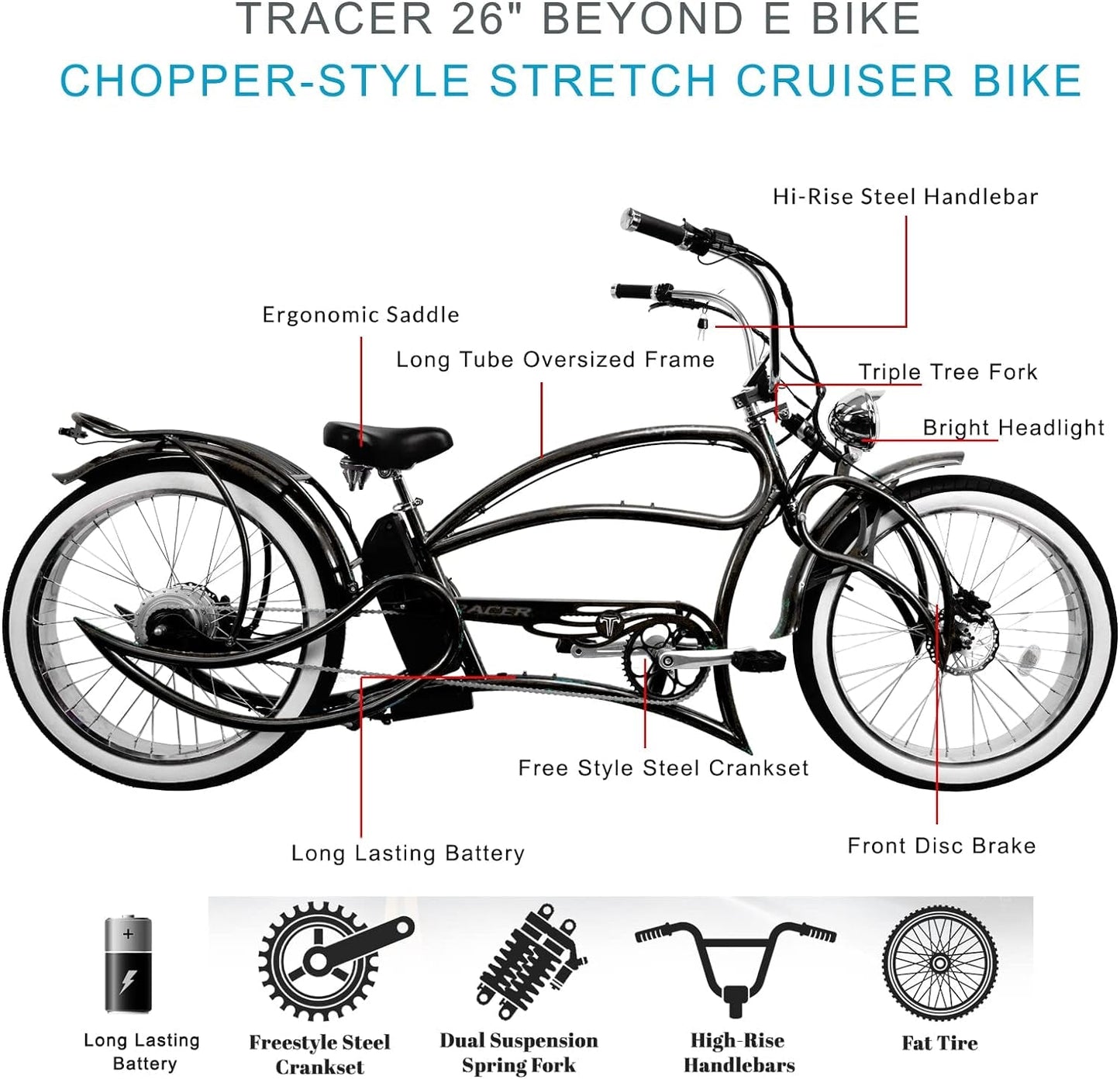 beyond Pro 26'' Classic Stretch Chopper Ebike with Spring Suspension Classical Fork, Disc Brake and Hi-Rise Steel Handlebar