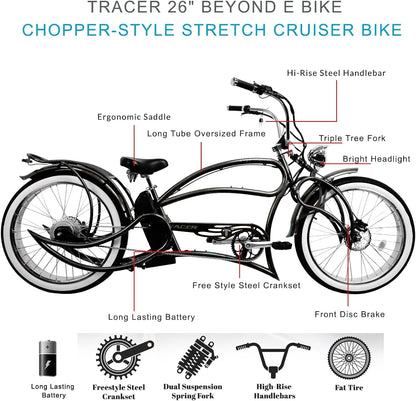 beyond Pro 26'' Classic Stretch Chopper Ebike with Spring Suspension Classical Fork, Disc Brake and Hi-Rise Steel Handlebar