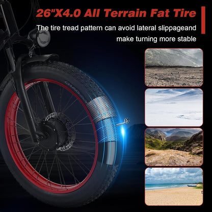 Adults Electric Bike, AWD Dual Motor 1500W/Peak 2000W, 48V 23Ah Electric Bicycle up to 35Mph&87Miles, 26''*4.0 Fat Tire Pedal Assist All Terrain