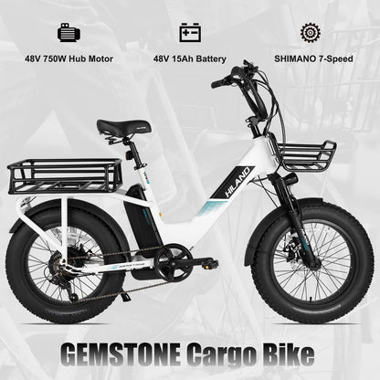 Adults Electric Bike Cargo, 750W 48V Brushless Motor E Bikes, 20 Inches 4.0 Fat Tire Aluminum Alloy Frame Suspension Fork Electric Bicycle with Racks