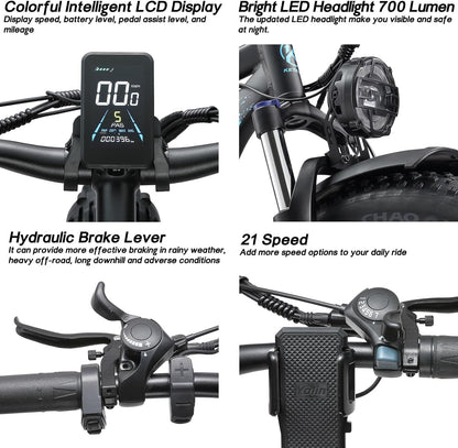 Electric Bike for Adults,Ebike 2000W 48V/23Ah 30MPH,1000W 48V/17.5Ah 27MPH Electric Mountain Bike,21-Speed 26"*4.0 Fat Tire Electric Bike,Electric