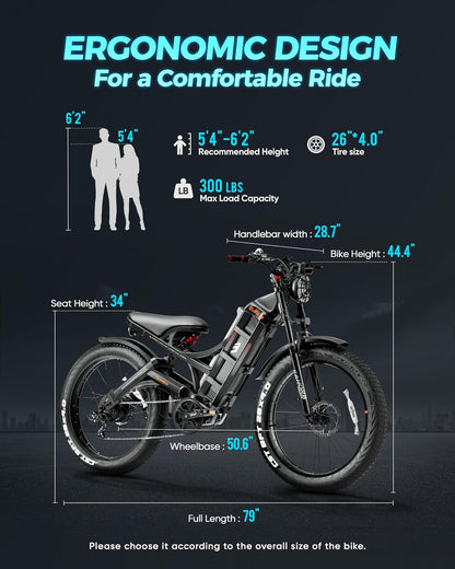 Romeo Pro 60Ah Peak 1600W Electric Bike for Adults 100-200 Miles Long Range Electric Bike 26 * 4.0 Fat Tire Electric Bike Full Suspension Electric