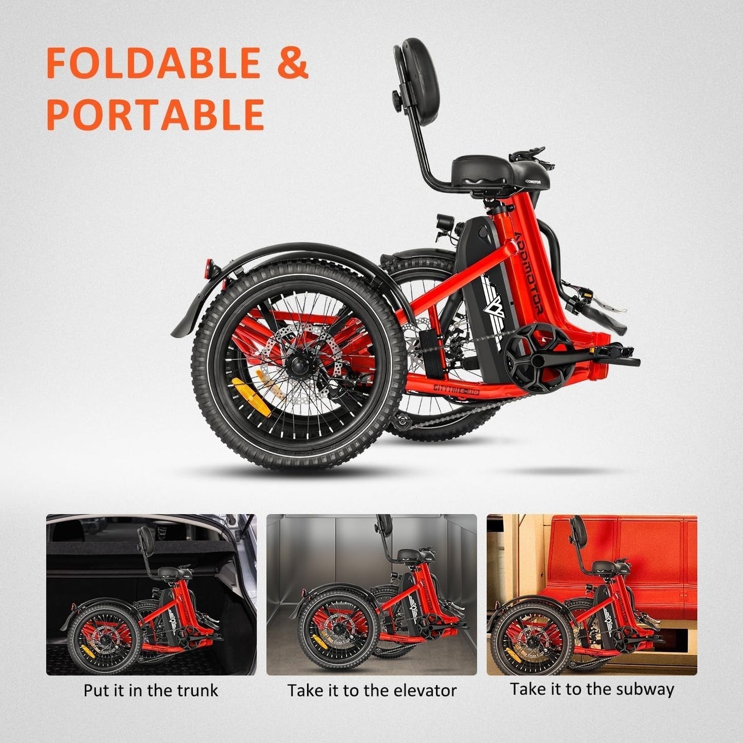 CITYTRI E-310 plus Electric Trike,750W (Peak 1400W) 90 MI Electric Tricycle for Adults,48V 20Ah 380Lbs Folding 3 Wheel Electric Bikes with Parking