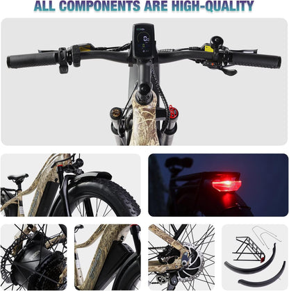 E-Scout PRO, 750W Young Electric Bike 48V/20Ah Battery with 3A Fast Charger, up to 80Mi 28MPH, 26''X4.0'' Fat Tire Mountain Snow Beach Off-Road Adult