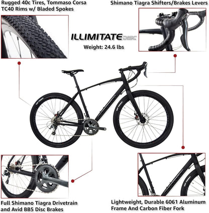 Illimitate Gravel Bike, Shimano Tiagra with Disc Brakes, Extra Wide Tires and Carbon Fork, Perfect for Road or Dirt Trail Adventure Touring, Matte