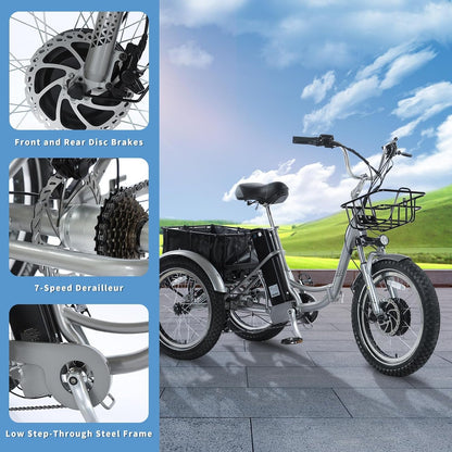 Electric Tricycle for Adults, 500W 48V Removable Battery Electric Trike Motorized 20" Fat Tire Three Wheel Electric Bicycle, 7 Speeds 3 Wheels Adult