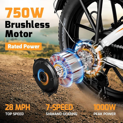 A2 Series Folding Electric Bike, 20'' Fat Tire Electric Bike with 750W Motor, 48V/11.6AH Removable Battery, 28MPH Max Speed, 55 Mile Range,