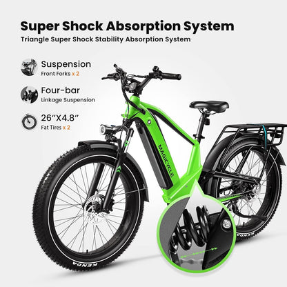 ESUV Deer Electric Bike, Full Suspension Ebike System 80 Miles Long Range 750W 96Nm Motor E Bike 52V 20Ah 26"X4" Fat Tire Electric Bike, UL Certified