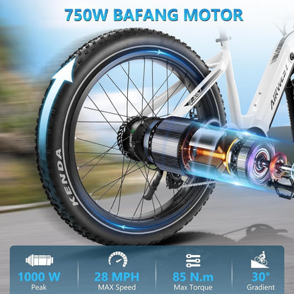Electric Bike for Adults, 750W BAFANG Motor Electric Bike, 26" X 4.0 Fat Tire Electric Bicycle with 48V 15Ah LG Battery, 28MPH 50Miles Electric