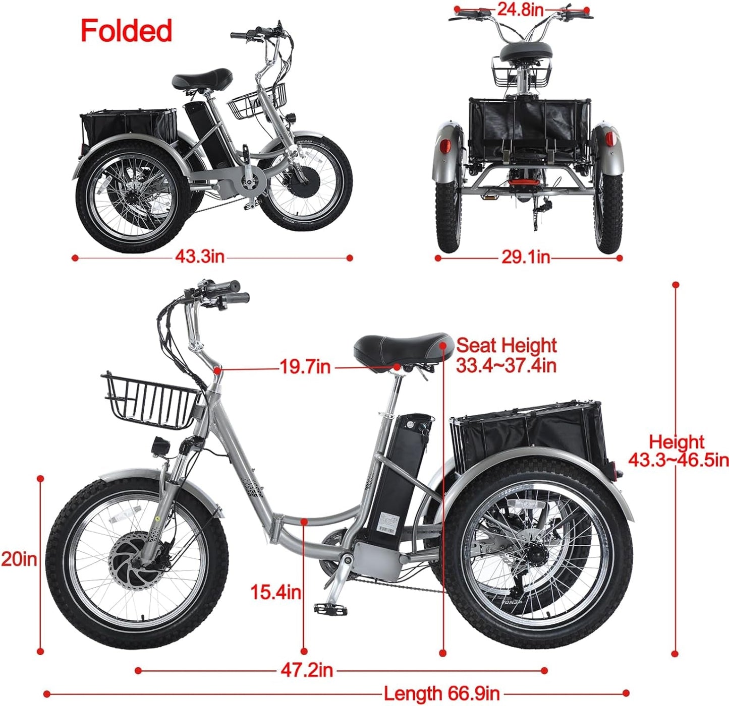 Electric Tricycles for Adults, Foldable 7 Speeds Electric Trike, 500W Motor 48V 17.5AH Removable Battery 70-80 Mile Long Range, 20" Fat Tire 3 Wheel