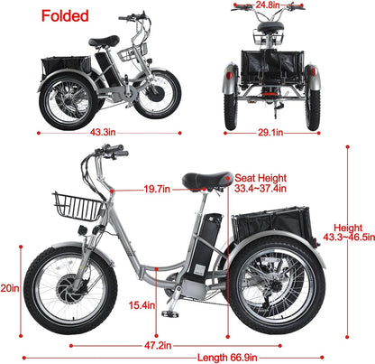 Electric Tricycles for Adults, Foldable 7 Speeds Electric Trike, 500W Motor 48V 17.5AH Removable Battery 70-80 Mile Long Range, 20" Fat Tire 3 Wheel