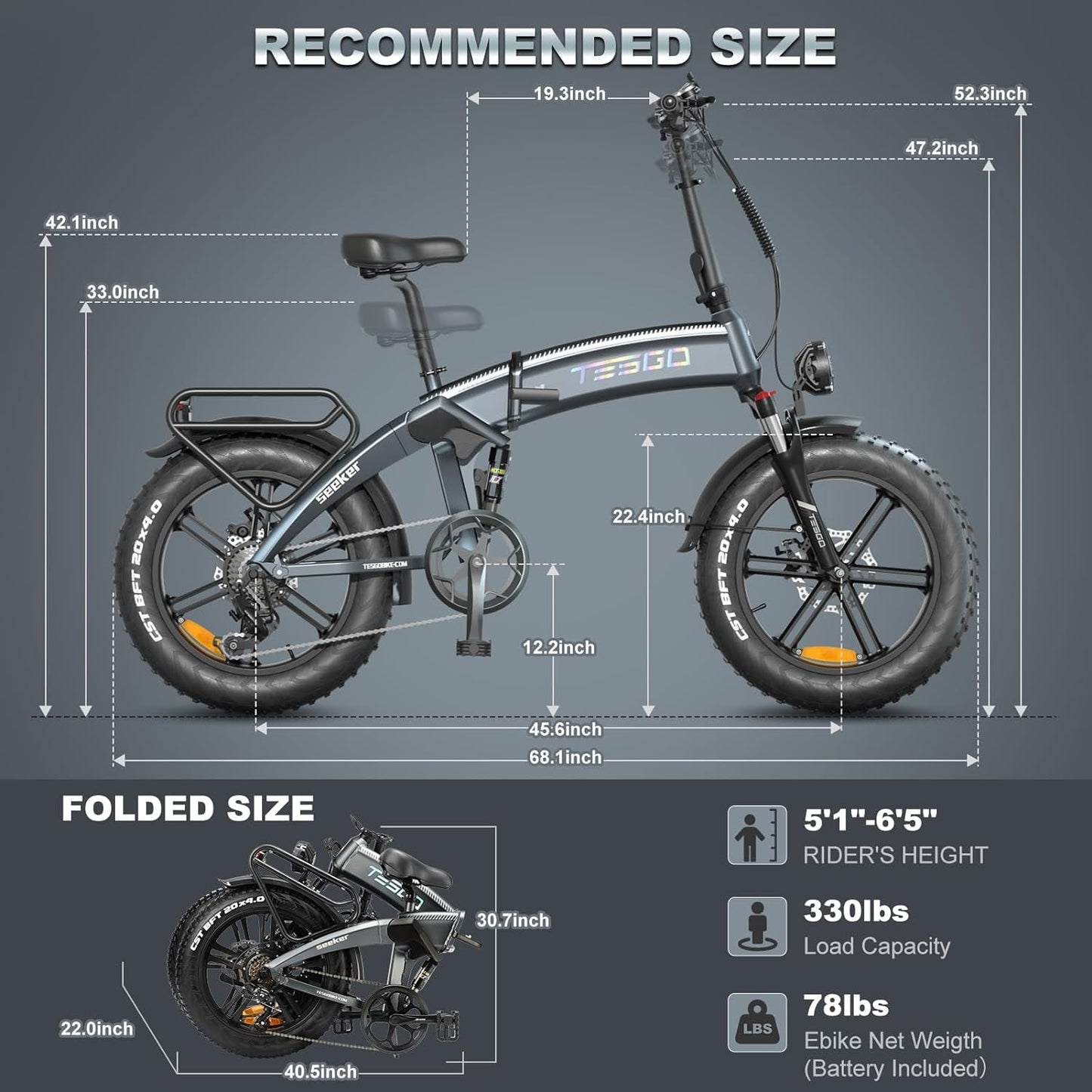 1000W Folding Electric Bicycle, 20 * 4.0" E-Bike Bicycle with 48V 17.4Ah/16.8Ah LG Battery, Unique Frame, All-Terrain Fat Tire Dual Suspension