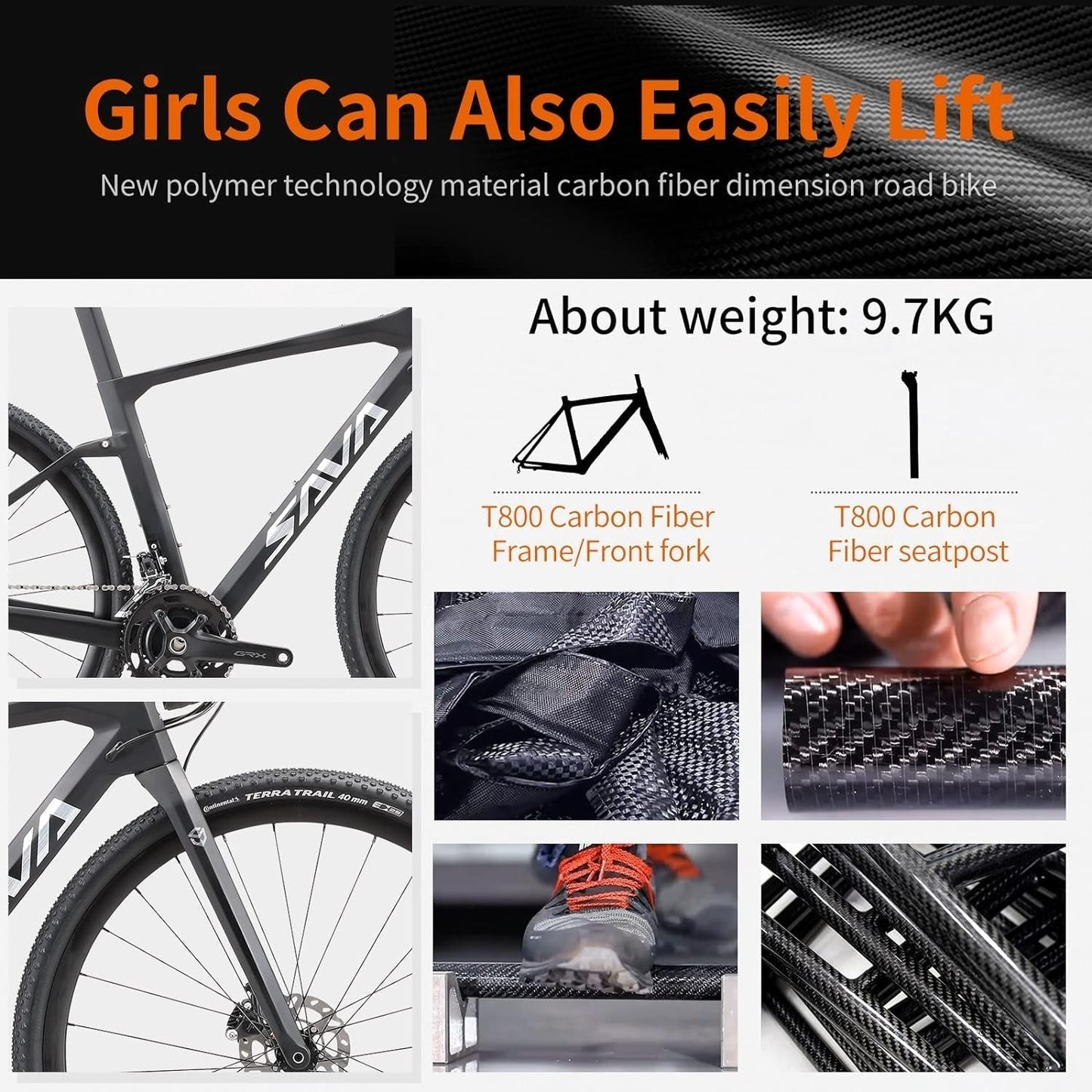 Carbon Gravel Road Bike,T800 Carbon Gravel Dis Brake Bicycle with Professional Adventure Shimano GRX400 20 Speed Groupset and Extra Wide Tires