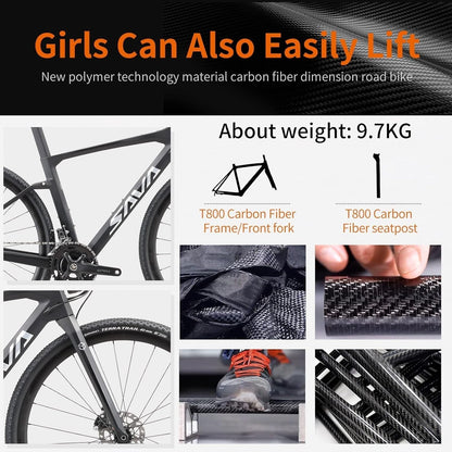 Carbon Gravel Road Bike,T800 Carbon Gravel Dis Brake Bicycle with Professional Adventure Shimano GRX400 20 Speed Groupset and Extra Wide Tires