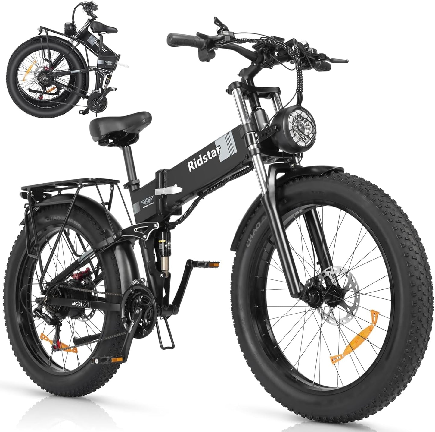 Folding Electric Bike for Adults, 1500W/1000W Brushless Motor Ebike with 14/20AH Removable Battery, Fat Tire Mountain Ebike with Disc Brake, Shimano 7