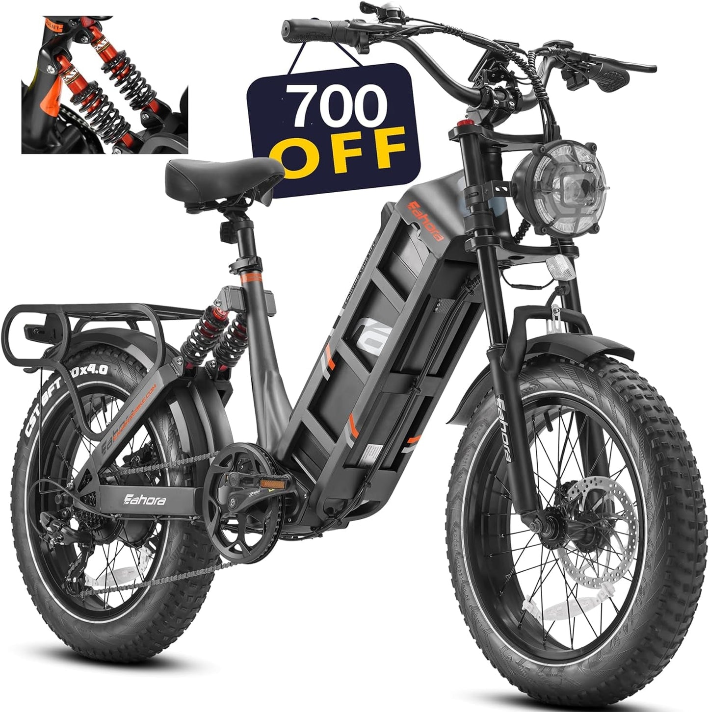 Juliet 【Upgraded】 1000W/48V/60Ah Electric Bike for Adults 20 * 4.0" Fat Tire E-Bike Long Range 100-200 Miles Full Suspension E Bike Step-Thru Commuter