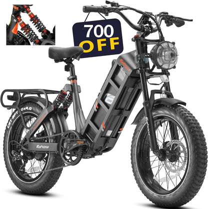 Juliet 【Upgraded】 1000W/48V/60Ah Electric Bike for Adults 20 * 4.0" Fat Tire E-Bike Long Range 100-200 Miles Full Suspension E Bike Step-Thru Commuter