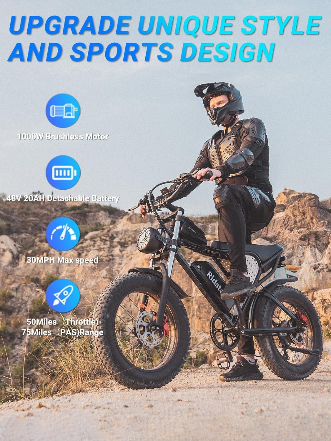 Electric Bike for Adults, 1000W/2000W, 25/30/35MPH Electric Dirt Bike, 48V 15/20AH, 52V 40AH Battery, Max 40-75 Miles, 20" Fat Tire Ebikes, Full