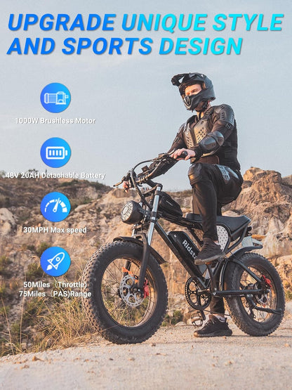 Electric Bike for Adults, 1000W/2000W, 25/30/35MPH Electric Dirt Bike, 48V 15/20AH, 52V 40AH Battery, Max 40-75 Miles, 20" Fat Tire Ebikes, Full