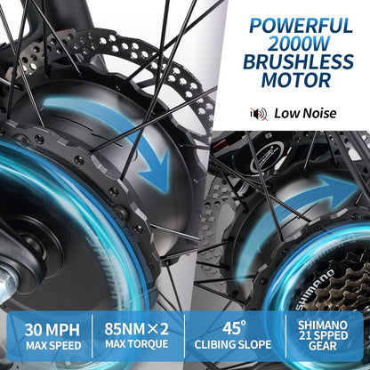2000W Electric Bike for Adults, 26'' Fat Tire Beach Snow Electric Bicycle Dual Motor 23AH Removable Battery 33MPH Mountain Ebikes