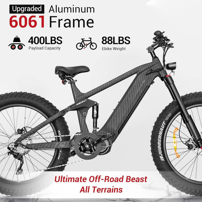 Cobra Pro 26"X4.8" Fat Tire Electric Bike 1000W, 80MI Long Range with Four-Bar Linkage Suspension, 400Lb Payload, 25MPH, 10 Speed System