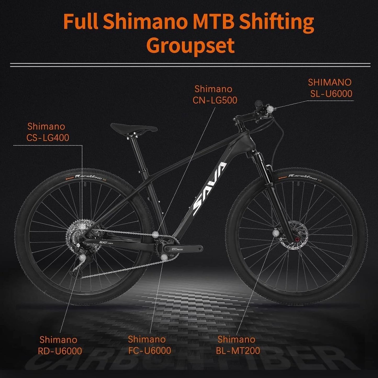 Carbon Fiber Mountain Bike, Dual Disc Brake Axle Thru Adventure Mountain Bike with Shimano CUES U6000 11 Speed Shift Groupset, 27.5/29 Inch MTB