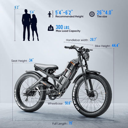 Romeo 60Ah Peak 1200W Electric Bike for Adults 100-200Miles Long Range Electric Bike 26 * 4.0 Fat Tire Electric Bike Full Suspension Electric Mountain