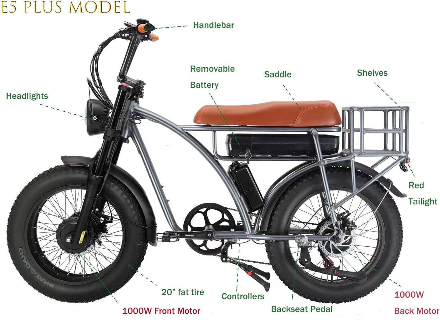 US Stock  E5 plus Cool Retro Moped Utilitarian Electric Bike 18AH 2000W Dual Motor Fat Tire 20 Inch Motorcycle Ebike Long Range off Road Snow