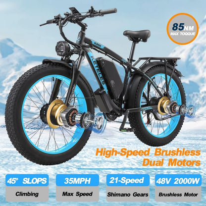 1000W/2000W Electric Bike for Adults Electric Bicycle Electric Mountain Bike with 48V 17.5AH/23AH Removable Battery 26" Fat Tire Ebike 21-Speed Gears