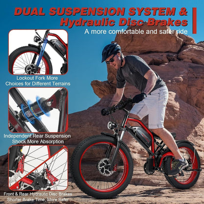 Adults Electric Bike, AWD Dual Motor 1500W/Peak 2000W, 48V 23Ah Electric Bicycle up to 35Mph&87Miles, 26''*4.0 Fat Tire Pedal Assist All Terrain