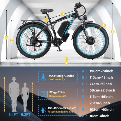 1000W/2000W Electric Bike for Adults Electric Bicycle Electric Mountain Bike with 48V 17.5AH/23AH Removable Battery 26" Fat Tire Ebike 21-Speed Gears