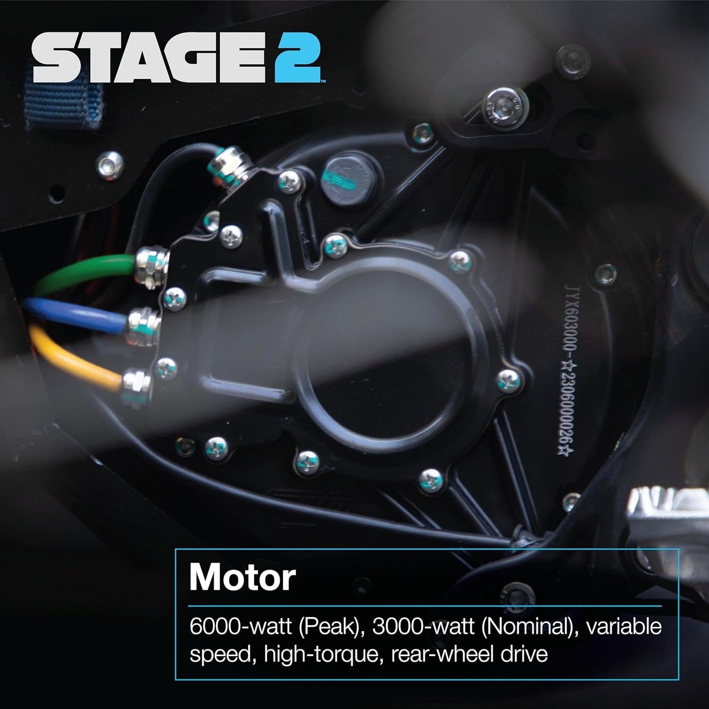 Stage2, M1 Electric Dirt Bike E Moto, 6000W (Peak) Brushless Motor, UL 2272 Compliant 60V Lithium Battery and Electrical System, up to 47 MPH, 3 Speed