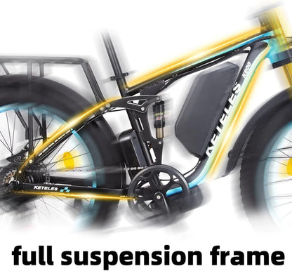 KETELES K800 Pro 2000W Dual Motor Electric Bike 48V 23AH Battery Front and Rear Shock Absorbers 7-Speed, Hydraulic Disc Brake, 26"X4.0" Inch Fat Tires