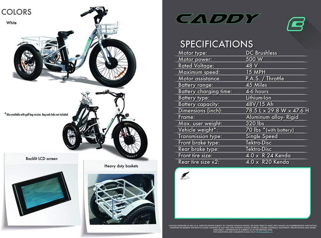 Caddy Pro/Caddy Élecṭrīc Ṭrīcycle 48V 500W Best Élecṭrīc Ṭrīke 24 Inch Fat Tire Eṭrīke 3 Wheel Ébīᴋe Rear Basket Cargo for Heavy Carrying