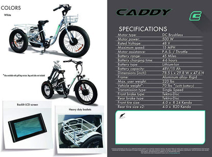 Caddy Pro/Caddy Élecṭrīc Ṭrīcycle 48V 500W Best Élecṭrīc Ṭrīke 24 Inch Fat Tire Eṭrīke 3 Wheel Ébīᴋe Rear Basket Cargo for Heavy Carrying