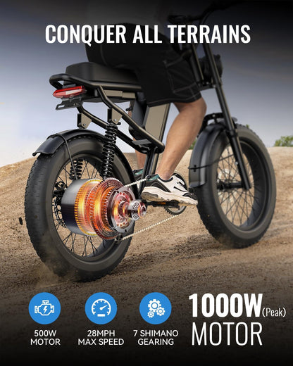 Electric Dirt Bike for Adults, 48V 16Ah Removable Battery and Full Suspension, 28 Mph 20" Fat Tire Electric Motorcycle for Adults with Shimano 7-Speed