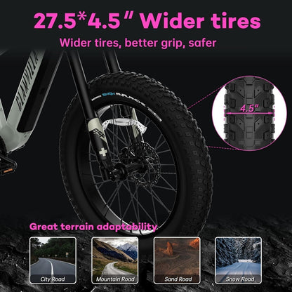 Electric Bike for Adults 750W Electric Bike Fat Tire 27.5" with 720Wh Removable Battery, up to 35 MPH, Shimano 9 Speed and Front Fork Suspension