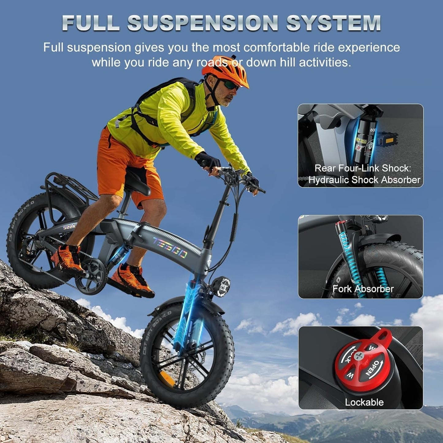 1000W Folding Electric Bicycle, 20 * 4.0" E-Bike Bicycle with 48V 17.4Ah/16.8Ah LG Battery, Unique Frame, All-Terrain Fat Tire Dual Suspension