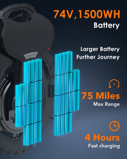 V11 Electric Unicycle - 18 Inch Self-Balancing Monowheel, Equipped with 3.35'' Air Suspension, 75 Miles Long Range, Maximum Speed of 34MPH and 35°