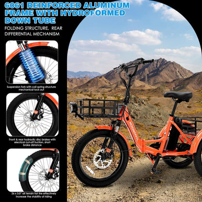Electric Tricycle Adult Electric Bicycles, 350W 36V Electric Trike, 24" 26" 3 Wheel Electric Bike Ebike E Bicycle with Removable Battery, Motorized