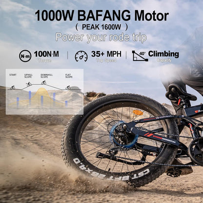 35MPH Electric Bike for Adults, 1000W BAFANG Motor(Peak 1600W) 27AH Dual Battery 26”Fat Tire Mountain E-Bikes Full Suspension Long Range Ebike