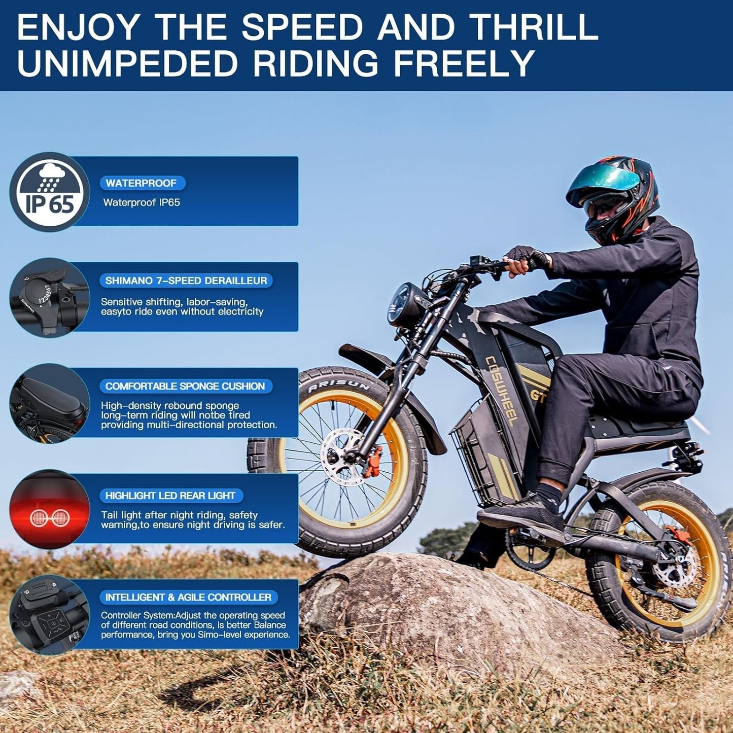 GT20 Electric Bike for Adults, Electric Dirt Bike with 1500W Motor 48V/25Ah Removable Battery, up to 31MPH Electric Motorcycle, Shimano 7-Speed, 20" X