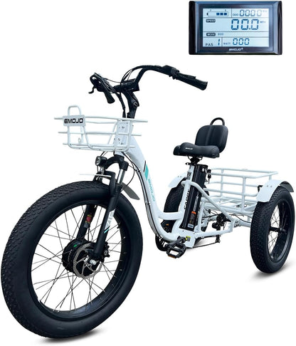 Electric Tricycle 20 X 4.0 Inch Fat Tire Caddy Pro Trike 500W 48V 7 Speed Hybrid Bicycle with Hydraulic Brake Oversize Rear Cargo and Front Basket for