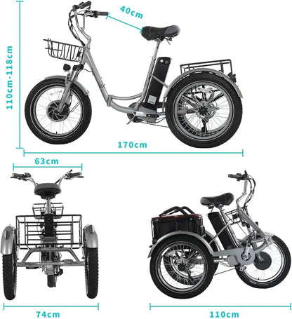 Electric Tricycle for Adults, 500W 48V Removable Battery Electric Trike Motorized 20" Fat Tire Three Wheel Electric Bicycle, 7 Speeds 3 Wheels Adult