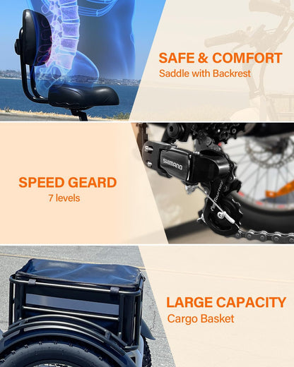 Electric Tricycle for Adults,  48V/10.4Ah Electric Trike with 500W Motor, Removable Battery, Bike Basket, for Sand Road, City Road, Gravel Road, Snowy