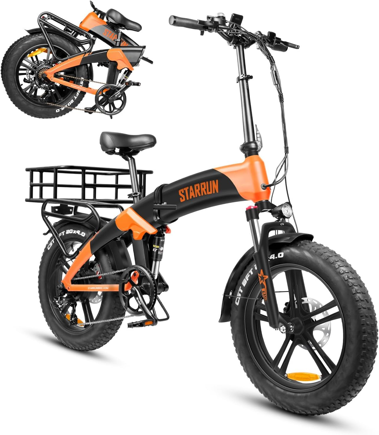 Foldable Electric Bike with Basket, 1200W Peak Motor & 52V 15AH Removable Battery Folding Ebikes for Adults, 20''×4.0'' Fat Tire Electric Bike with