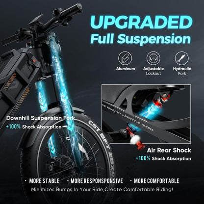 Peak 1400W 60AH Full Suspension Electric Bike 100 - 200 Miles Long Range Ebike 26" Fat Tire Electric Mountain Bike